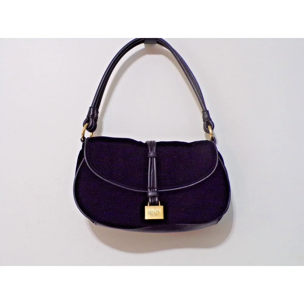 Chaps Black Velvet Satchel w/Goldtone Accents Snap Closure Faux Leather Handle